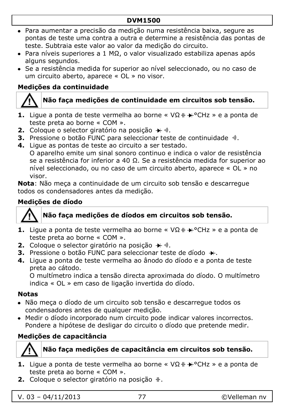 Medições da continuidade, Medições de díodo, Notas | Medições de capacitância | Velleman DVM1500 User Manual | Page 77 / 104