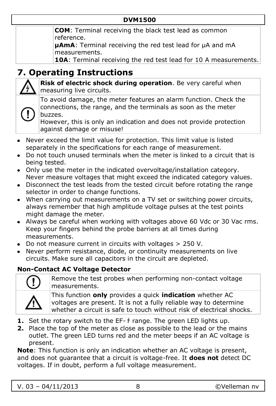 Operating instructions, Non-contact ac voltage detector | Velleman DVM1500 User Manual | Page 8 / 104