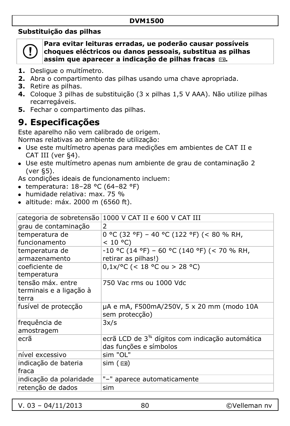 Substituição das pilhas, Especificações | Velleman DVM1500 User Manual | Page 80 / 104
