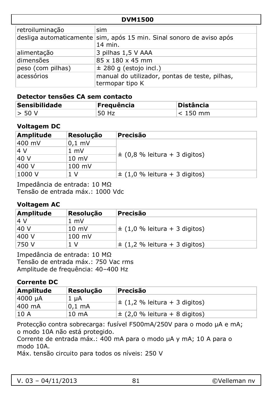 Detector tensões ca sem contacto, Voltagem dc, Voltagem ac | Corrente dc | Velleman DVM1500 User Manual | Page 81 / 104