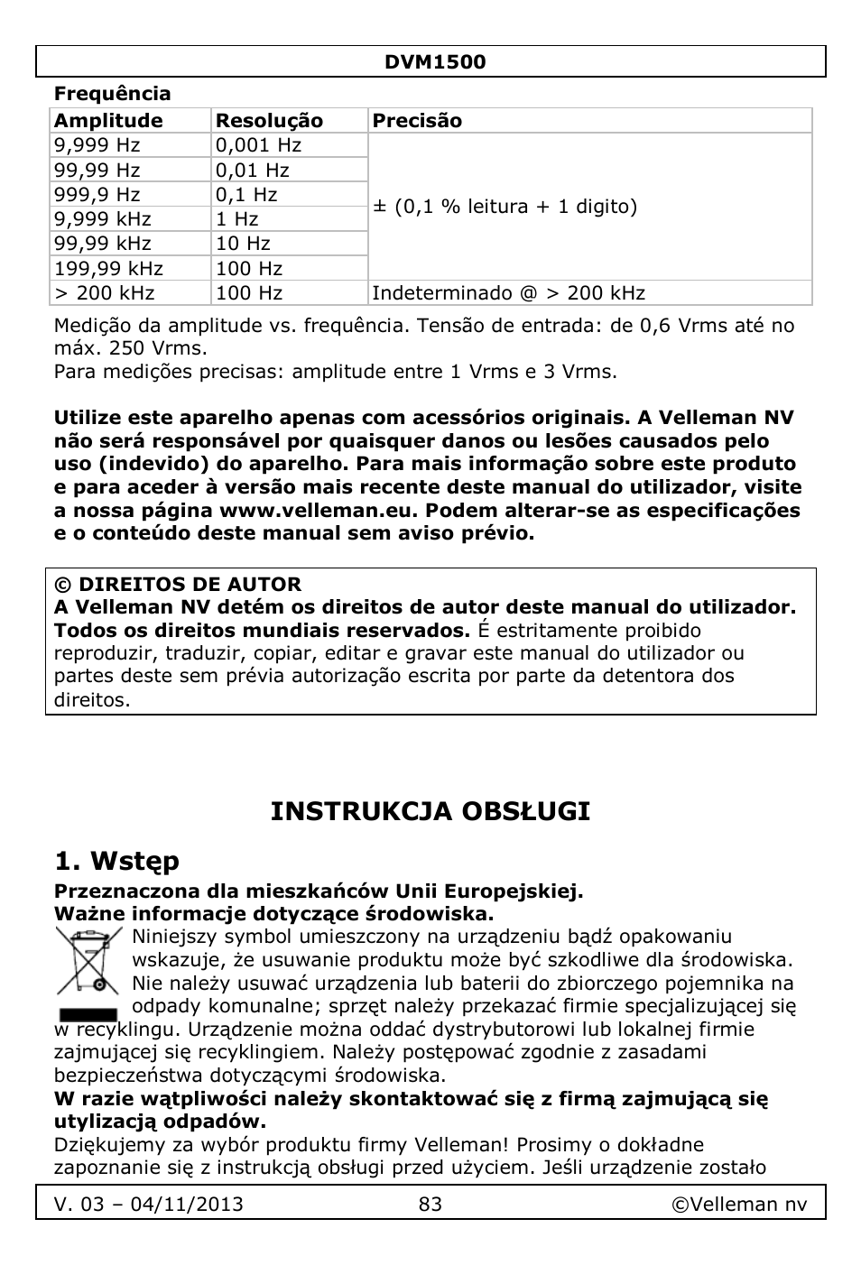 Frequência, Instrukcja obsługi, Wstęp | Instrukcja obsługi 1. wstęp | Velleman DVM1500 User Manual | Page 83 / 104