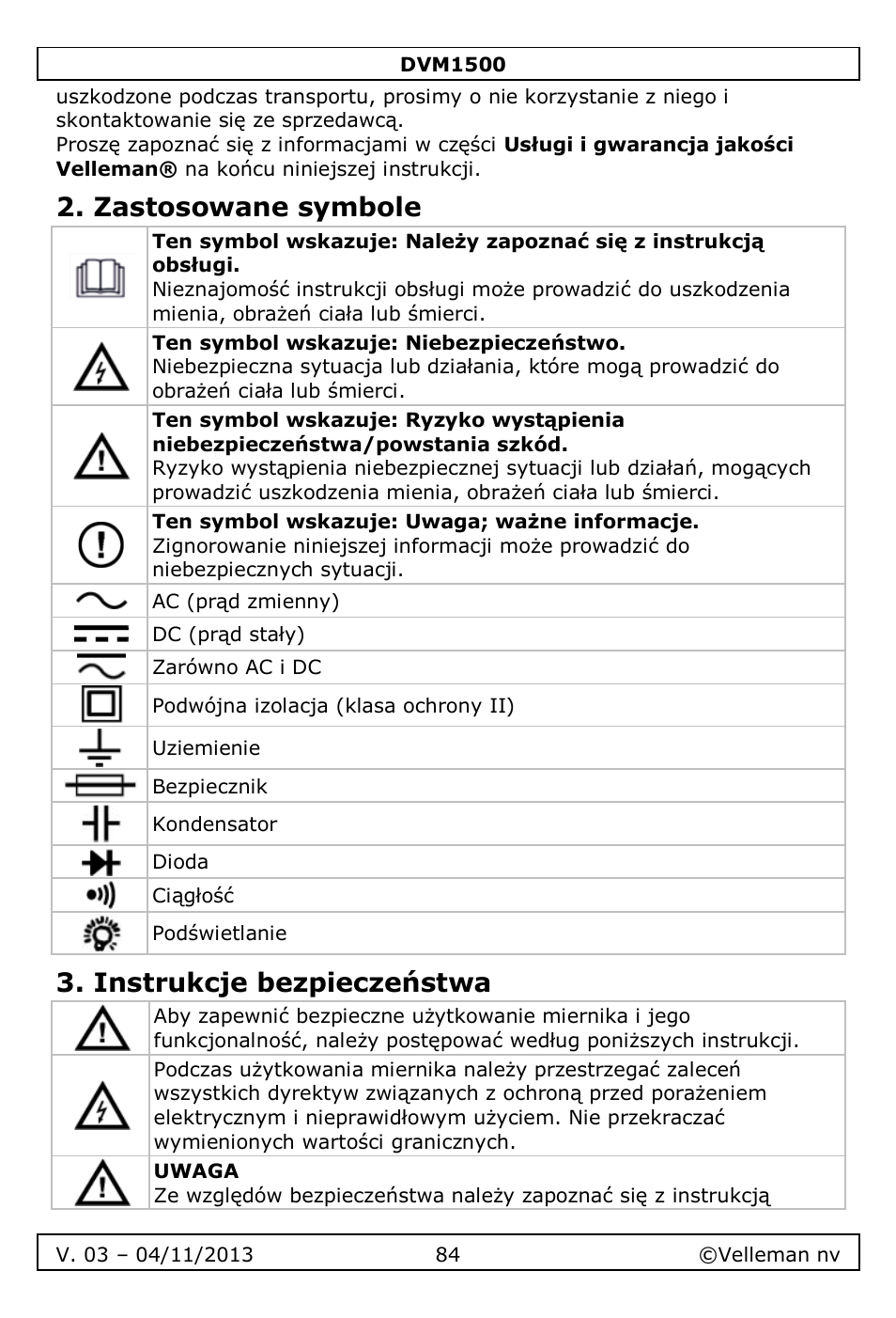 Zastosowane symbole, Instrukcje bezpieczeństwa | Velleman DVM1500 User Manual | Page 84 / 104