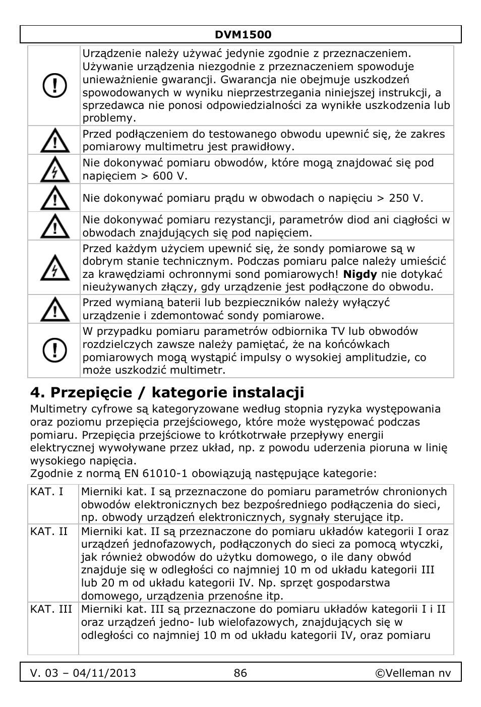 Przepięcie / kategorie instalacji | Velleman DVM1500 User Manual | Page 86 / 104