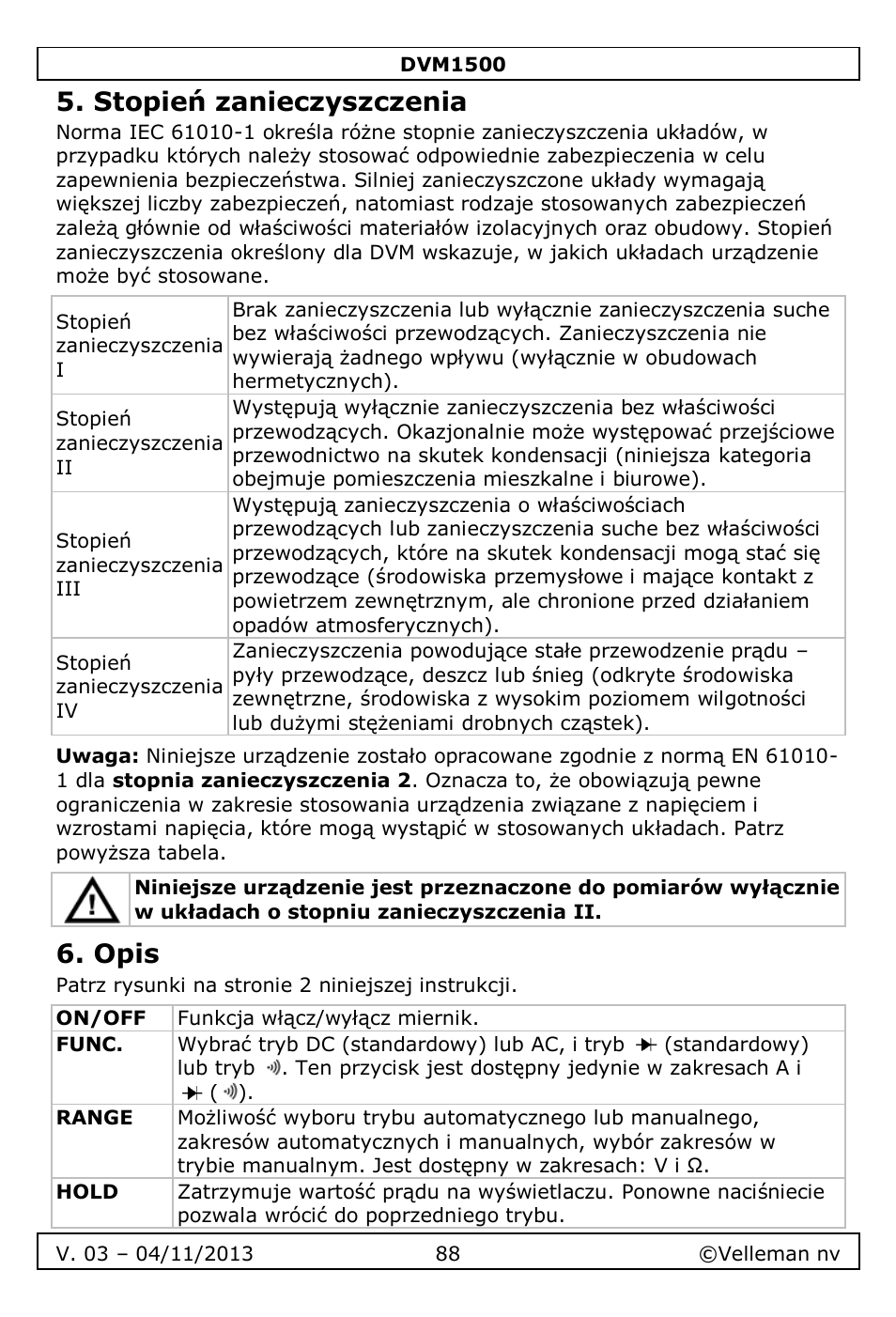 Stopień zanieczyszczenia, Opis | Velleman DVM1500 User Manual | Page 88 / 104
