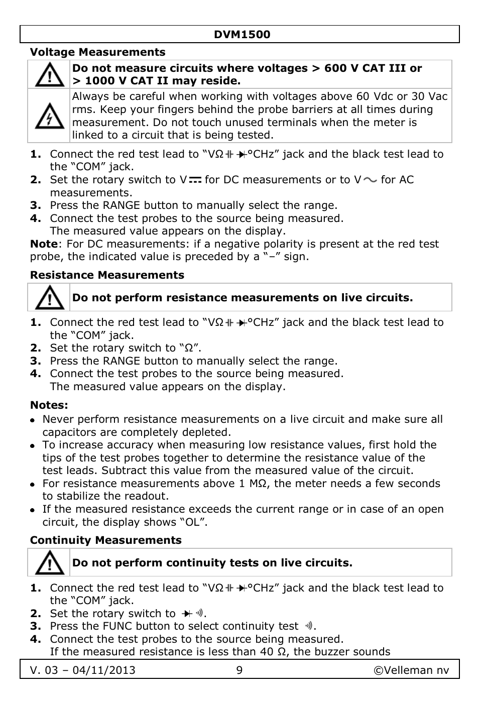 Voltage measurements, Resistance measurements, Notes | Continuity measurements | Velleman DVM1500 User Manual | Page 9 / 104