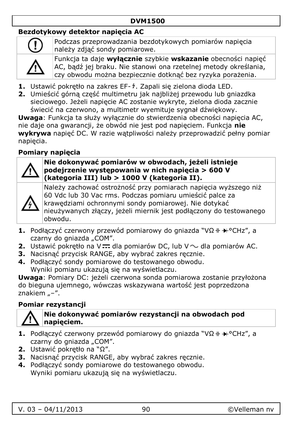 Bezdotykowy detektor napięcia ac, Pomiary napięcia, Pomiar rezystancji | Velleman DVM1500 User Manual | Page 90 / 104
