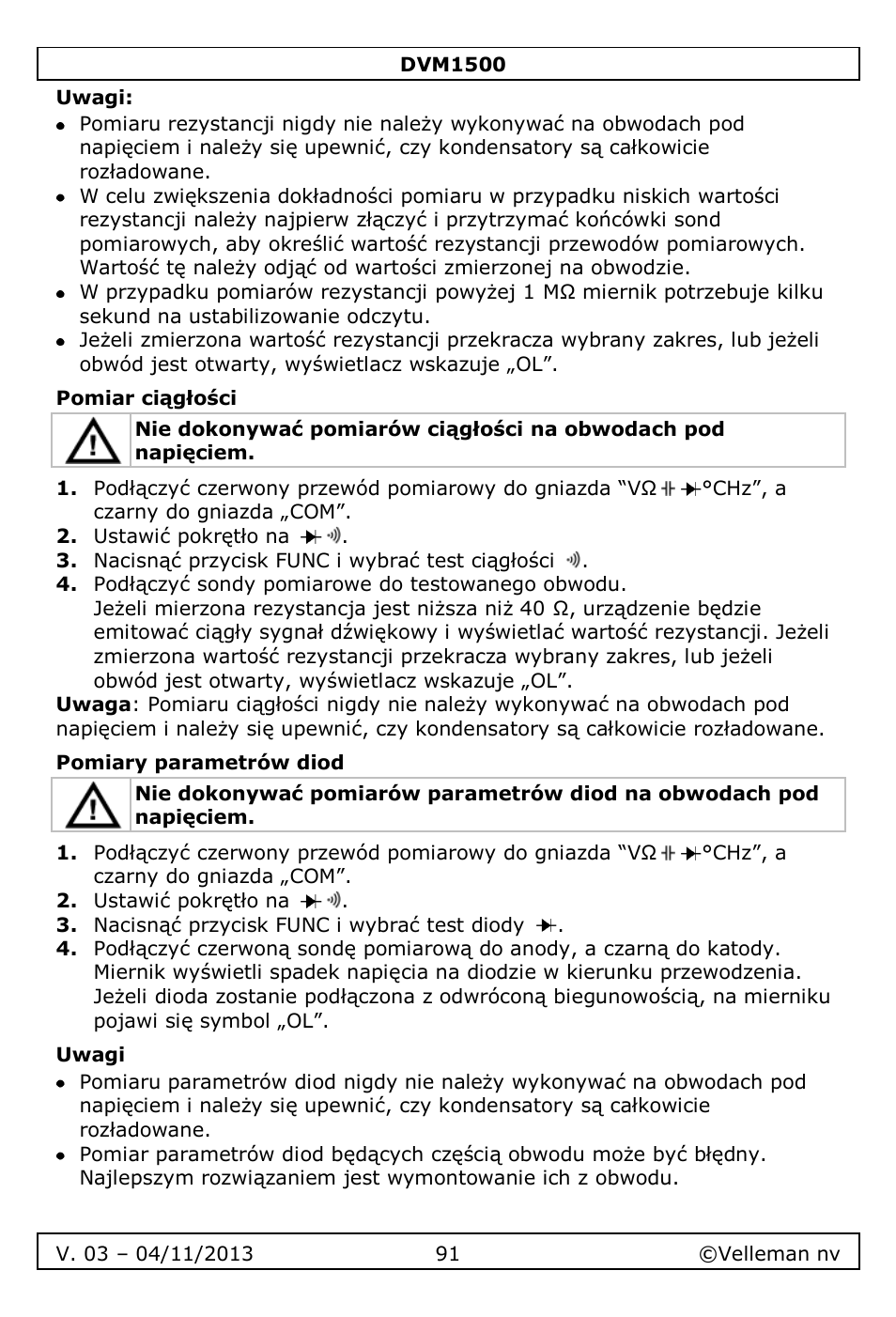 Uwagi, Pomiar ciągłości, Pomiary parametrów diod | Velleman DVM1500 User Manual | Page 91 / 104
