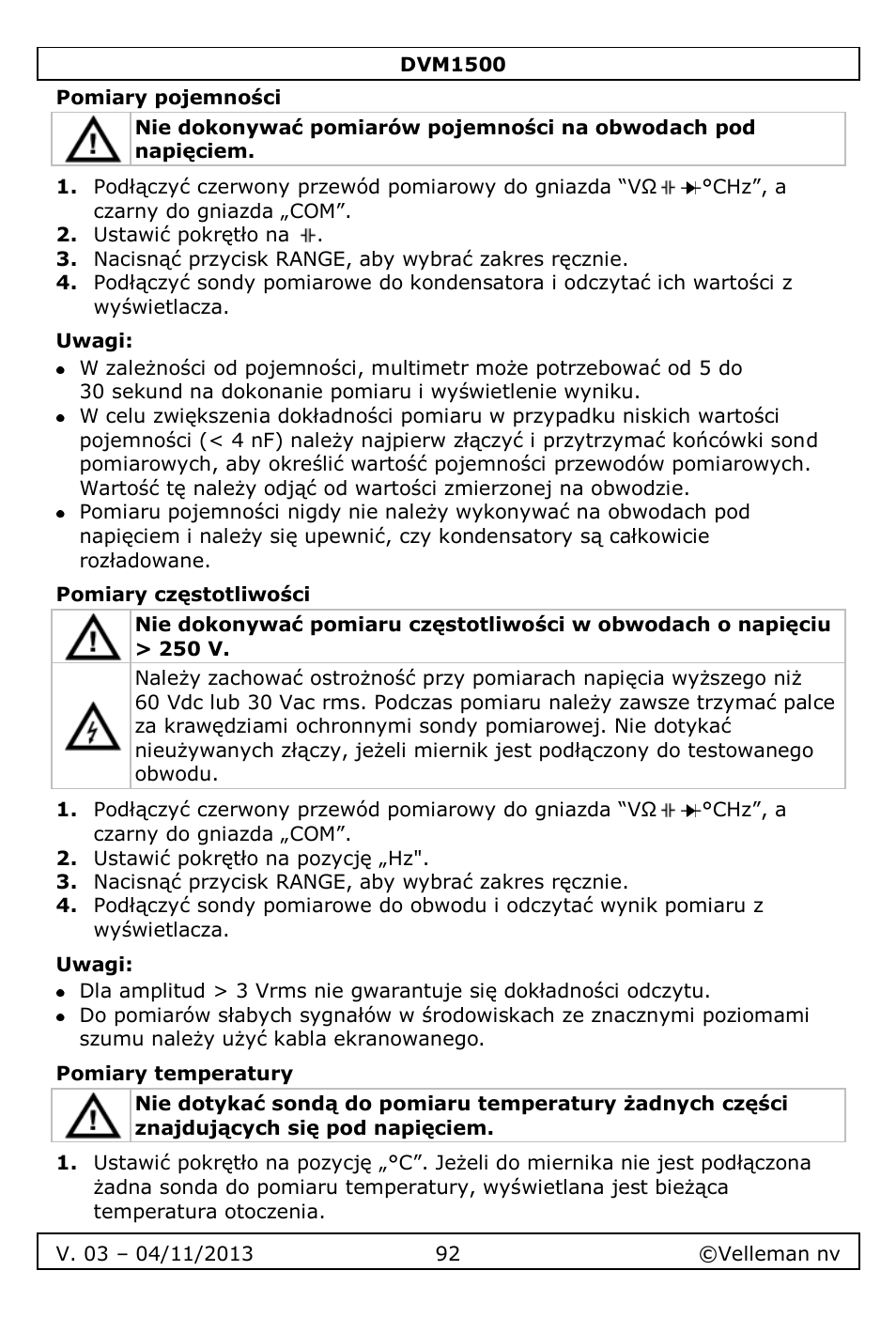 Pomiary pojemności, Uwagi, Pomiary częstotliwości | Pomiary temperatury | Velleman DVM1500 User Manual | Page 92 / 104