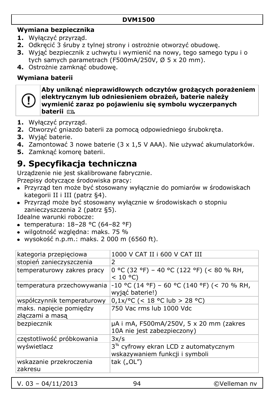 Wymiana bezpiecznika, Wymiana baterii, Specyfikacja techniczna | Velleman DVM1500 User Manual | Page 94 / 104
