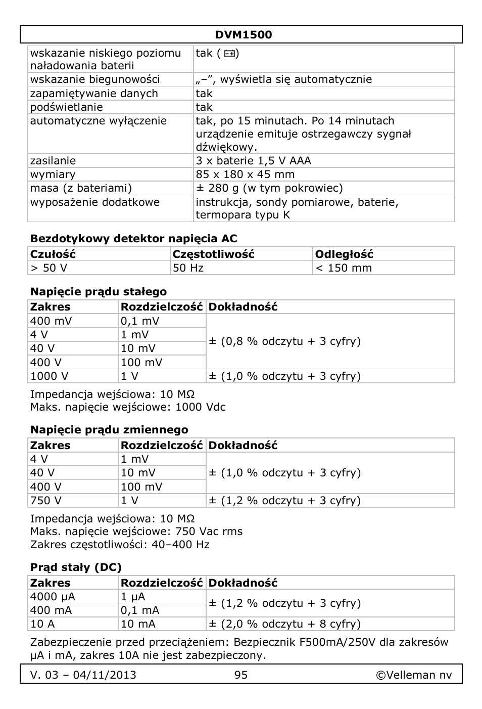 Bezdotykowy detektor napięcia ac, Napięcie prądu stałego, Napięcie prądu zmiennego | Prąd stały (dc) | Velleman DVM1500 User Manual | Page 95 / 104