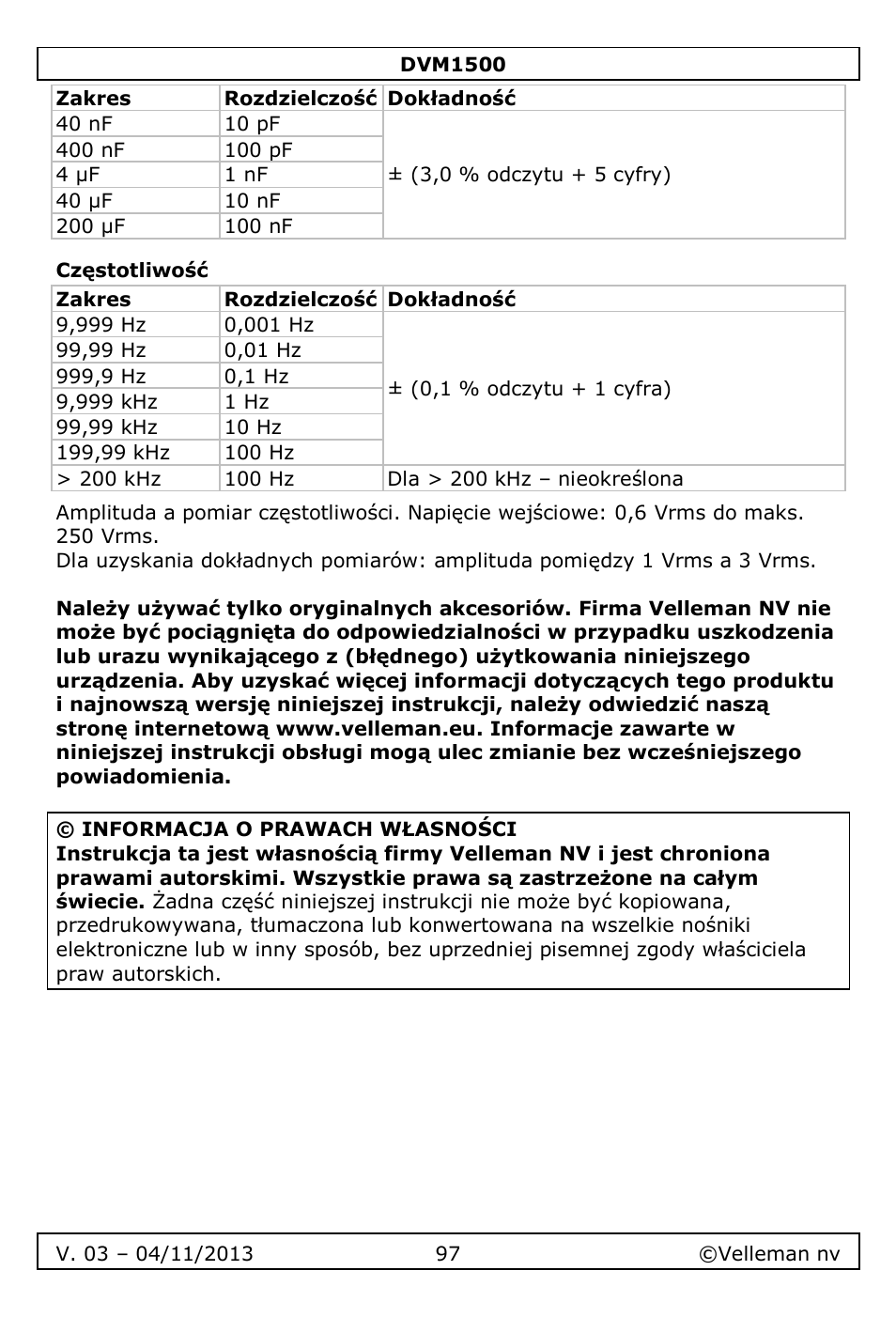 Częstotliwość | Velleman DVM1500 User Manual | Page 97 / 104