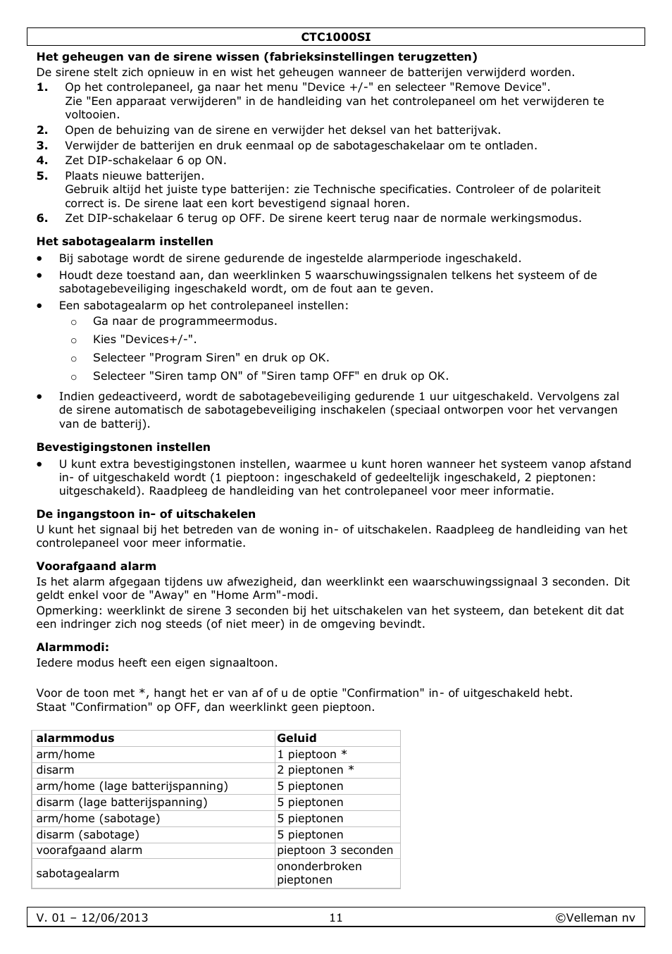 Het sabotagealarm instellen, Bevestigingstonen instellen, De ingangstoon in- of uitschakelen | Voorafgaand alarm, Alarmmodi | Velleman CTC1000SI User Manual | Page 11 / 37