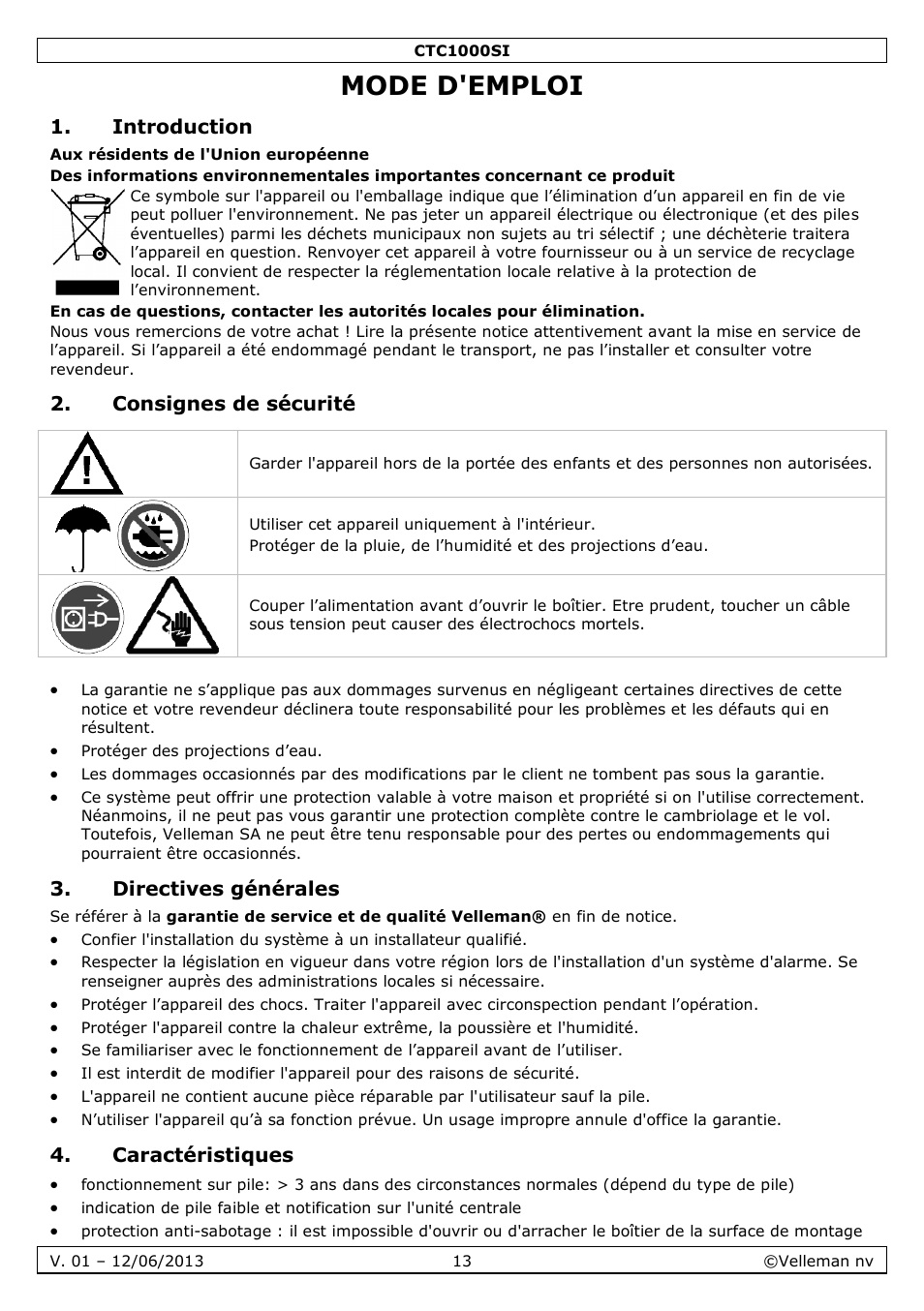 Mode d'emploi, Introduction, Consignes de sécurité | Directives générales, Caractéristiques | Velleman CTC1000SI User Manual | Page 13 / 37