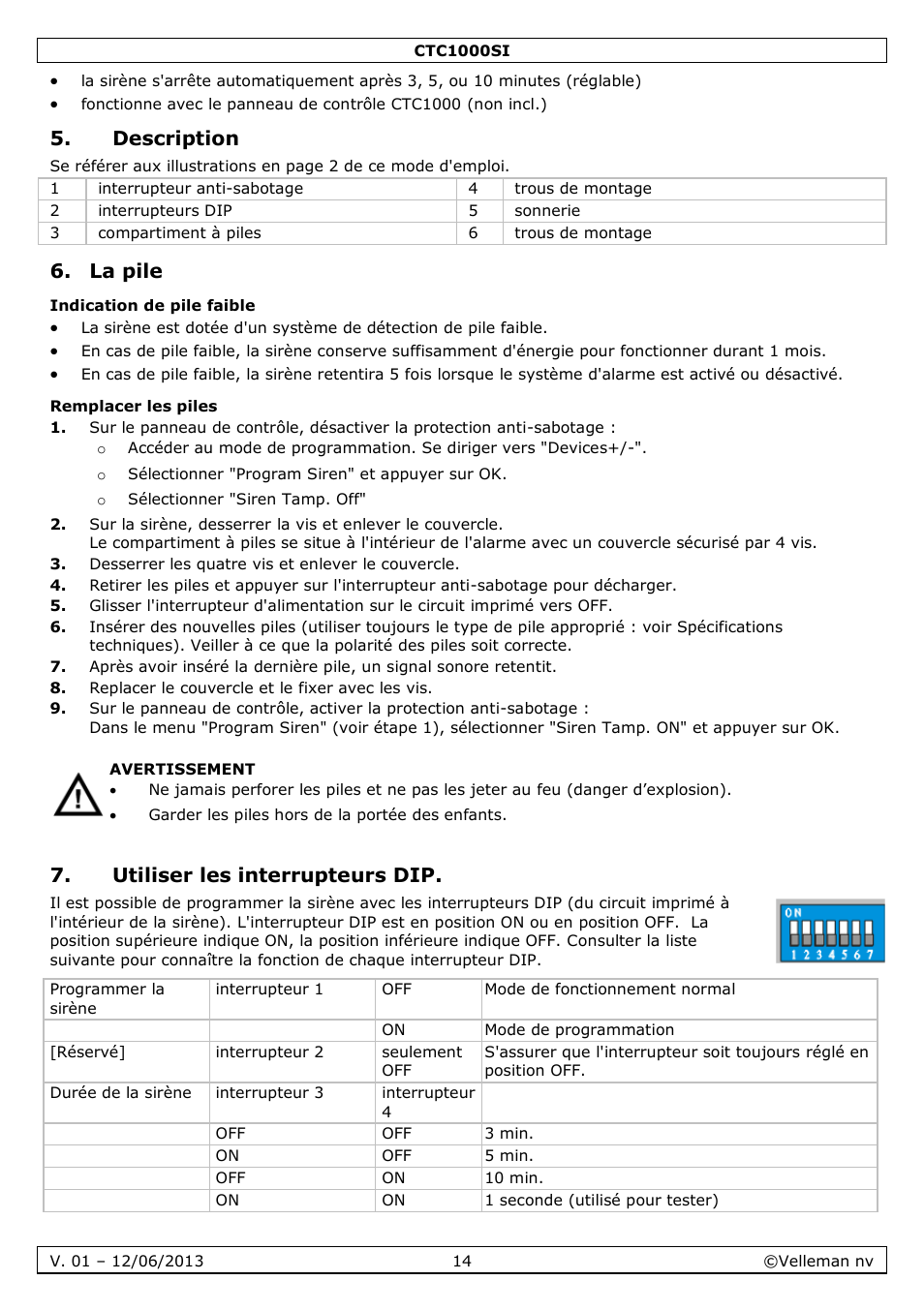 Description, La pile, Indication de pile faible | Remplacer les piles, Utiliser les interrupteurs dip | Velleman CTC1000SI User Manual | Page 14 / 37