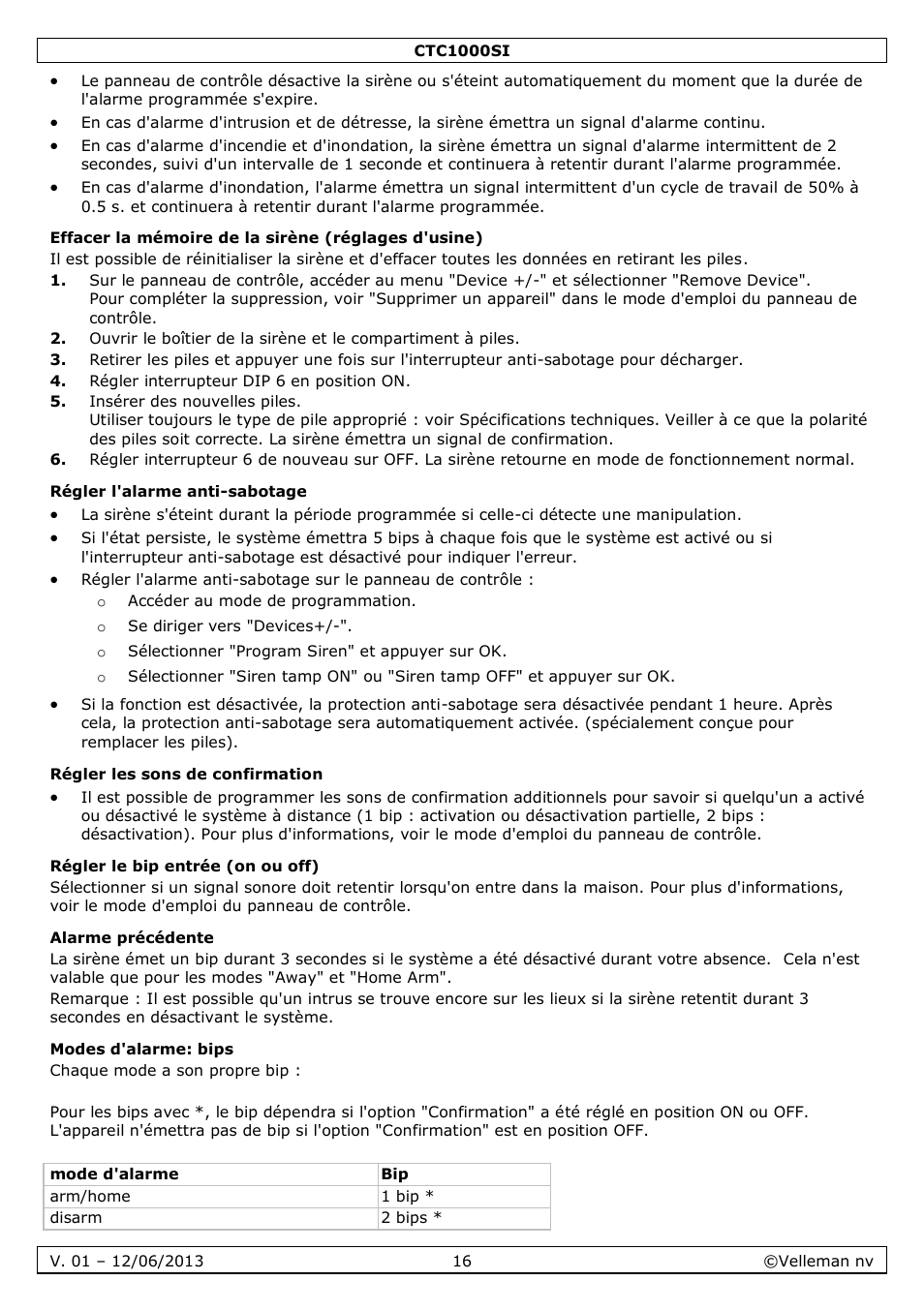 Effacer la mémoire de la sirène (réglages d'usine), Régler l'alarme anti-sabotage, Régler les sons de confirmation | Régler le bip entrée (on ou off), Alarme précédente, Modes d'alarme: bips | Velleman CTC1000SI User Manual | Page 16 / 37