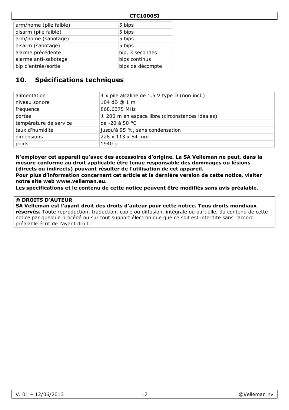 Spécifications techniques | Velleman CTC1000SI User Manual | Page 17 / 37
