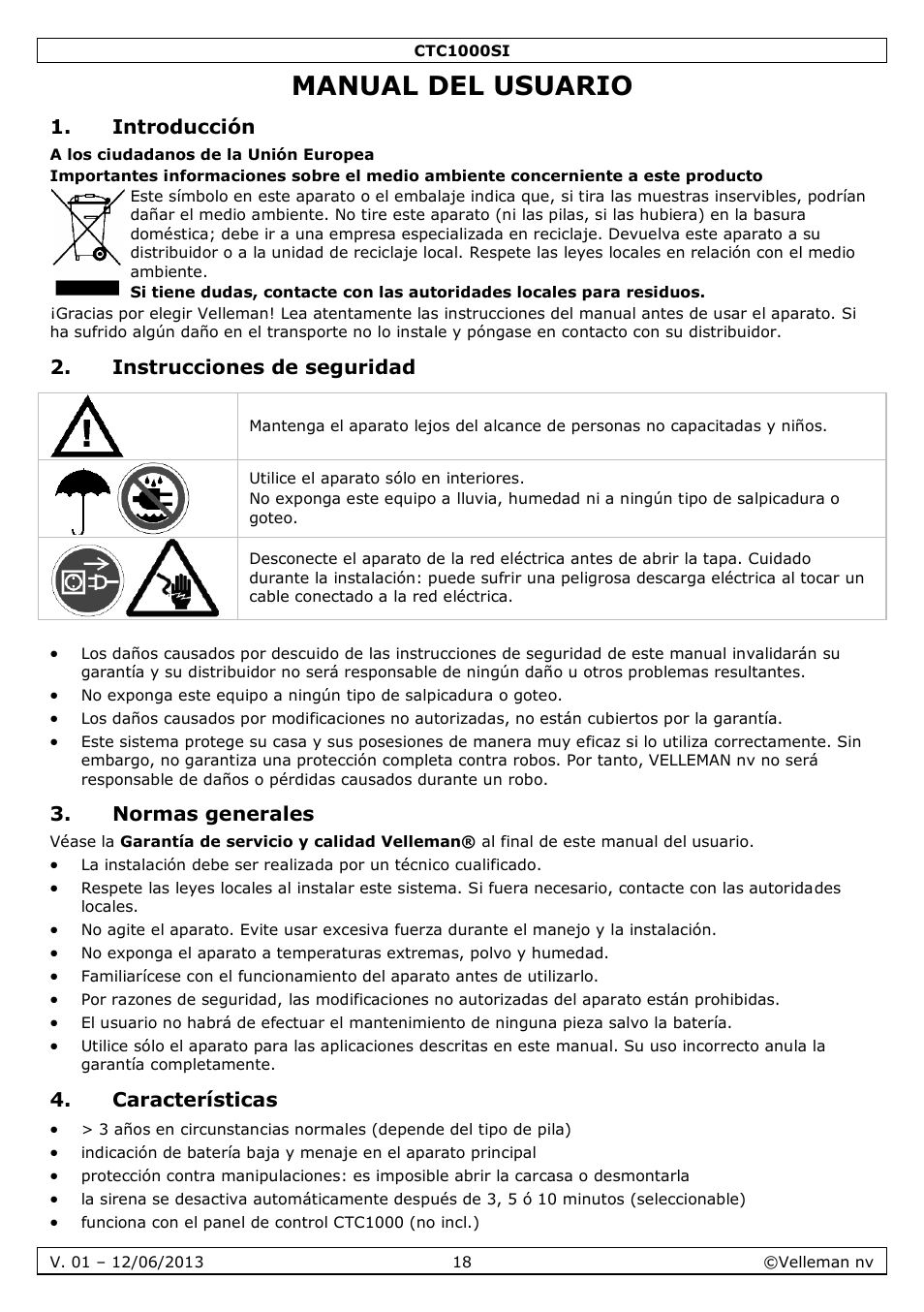 Manual del usuario, Introducción, Instrucciones de seguridad | Normas generales, Características | Velleman CTC1000SI User Manual | Page 18 / 37
