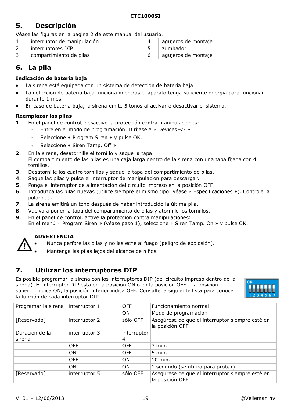Descripción, La pila, Indicación de batería baja | Reemplazar las pilas, Utilizar los interruptores dip | Velleman CTC1000SI User Manual | Page 19 / 37