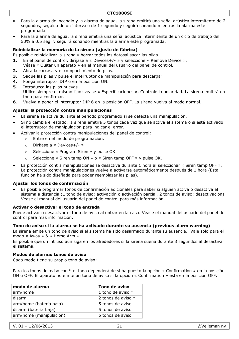 Ajustar la protección contra manipulaciones, Ajustar los tonos de confirmación, Activar o desactivar el tono de entrada | Modos de alarma: tonos de aviso | Velleman CTC1000SI User Manual | Page 21 / 37