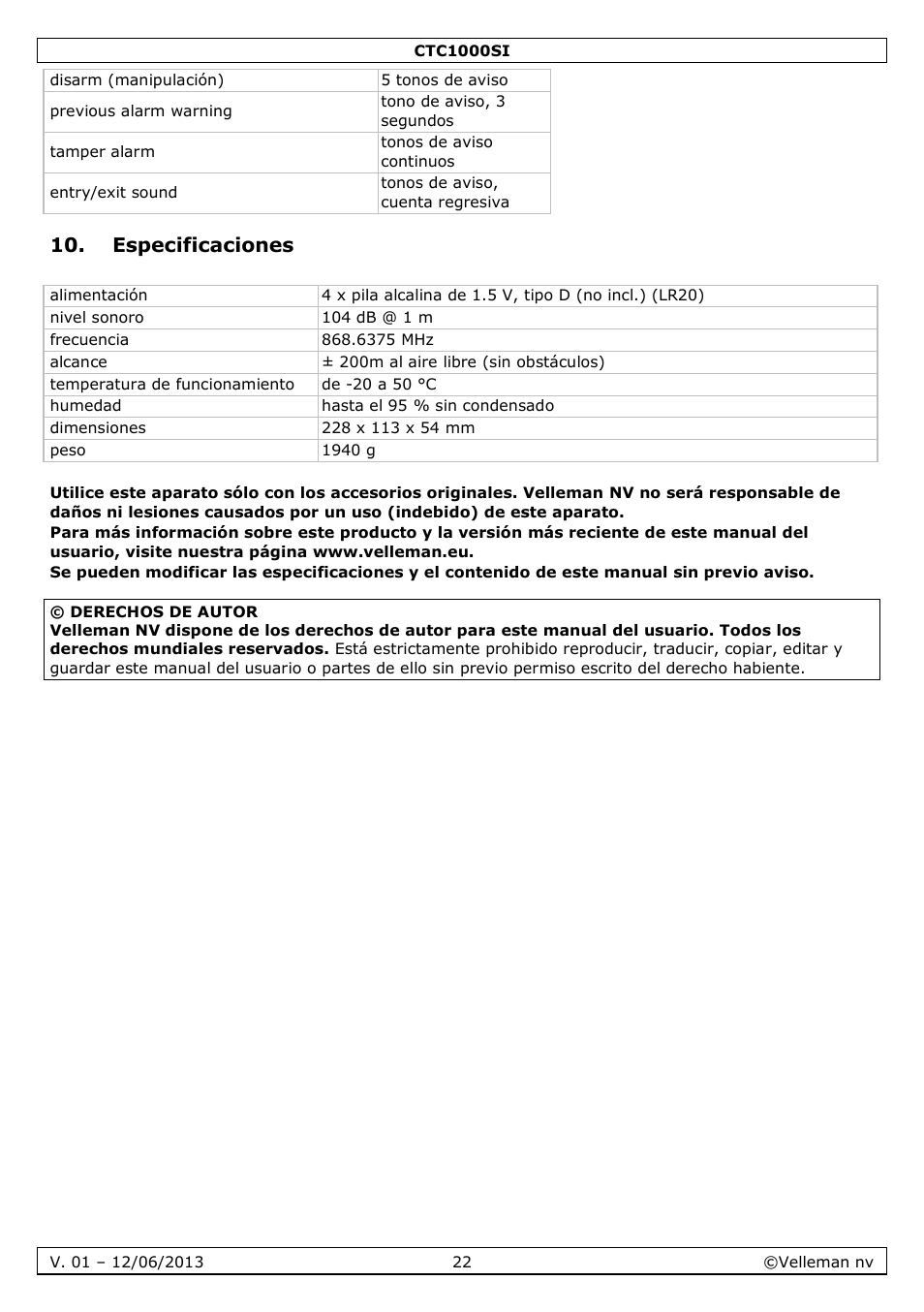 Especificaciones | Velleman CTC1000SI User Manual | Page 22 / 37