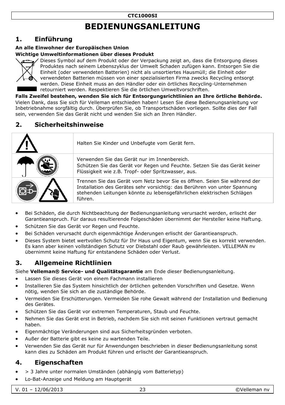 Bedienungsanleitung, Einführung, Sicherheitshinweise | Allgemeine richtlinien, Eigenschaften | Velleman CTC1000SI User Manual | Page 23 / 37