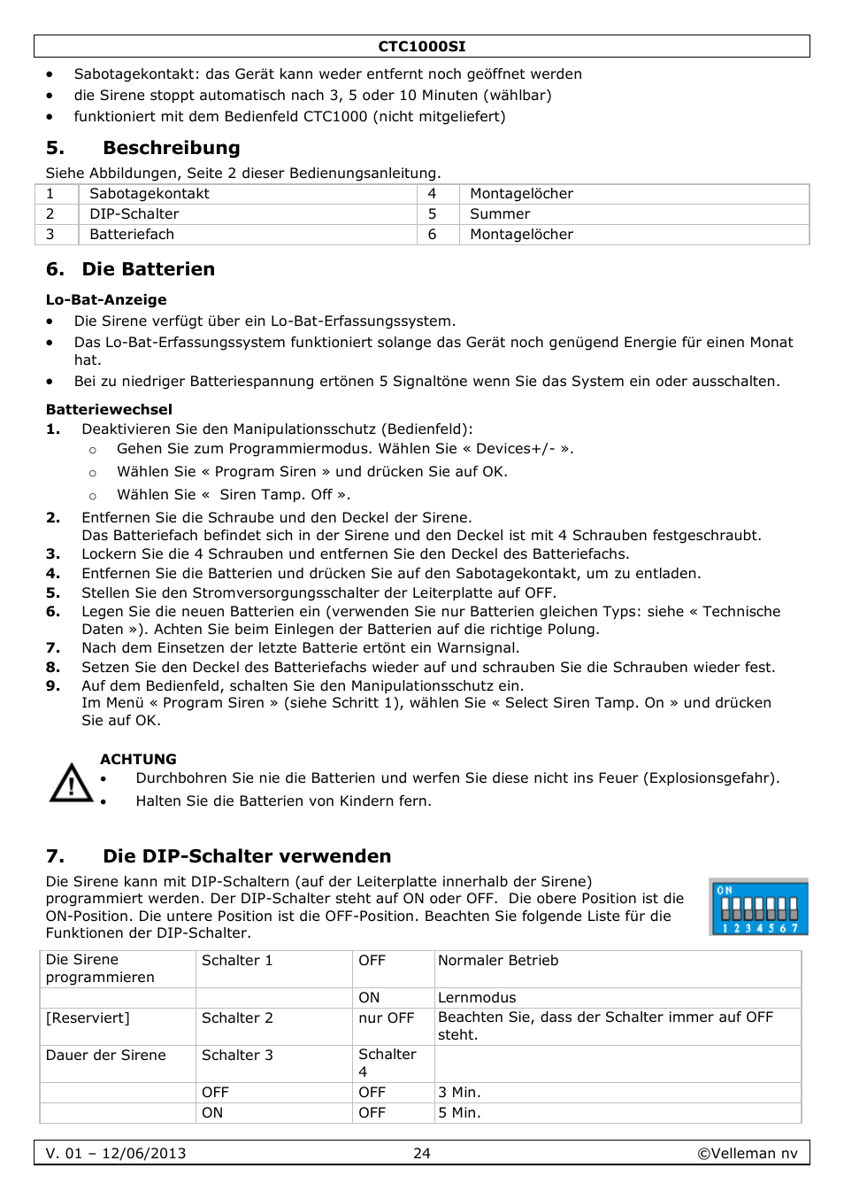 Beschreibung, Die batterien, Lo-bat-anzeige | Batteriewechsel, Die dip-schalter verwenden | Velleman CTC1000SI User Manual | Page 24 / 37