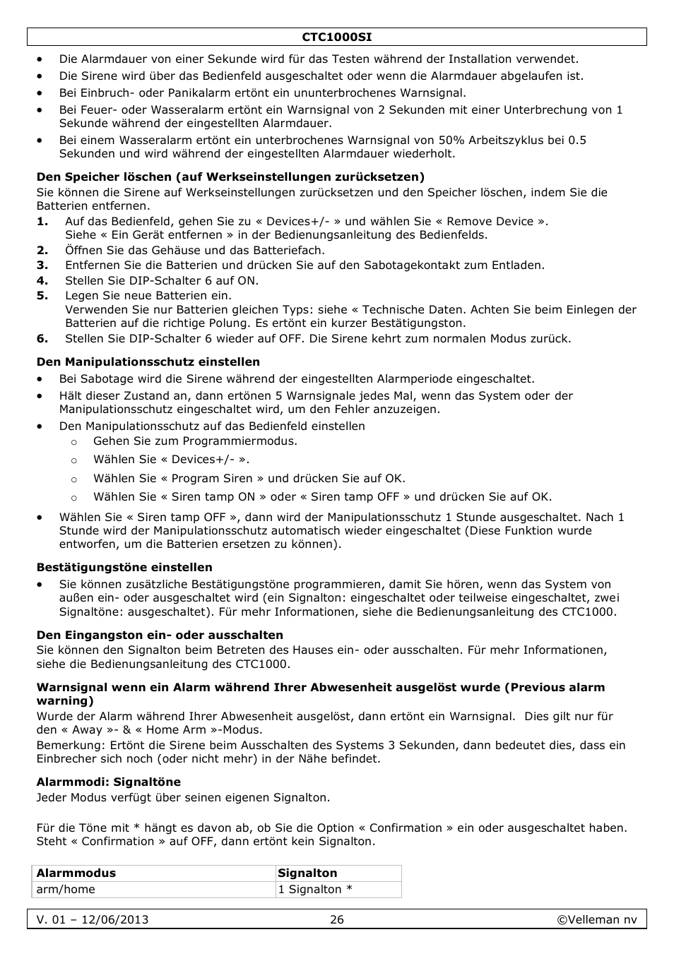 Den manipulationsschutz einstellen, Bestätigungstöne einstellen, Den eingangston ein- oder ausschalten | Alarmmodi: signaltöne | Velleman CTC1000SI User Manual | Page 26 / 37