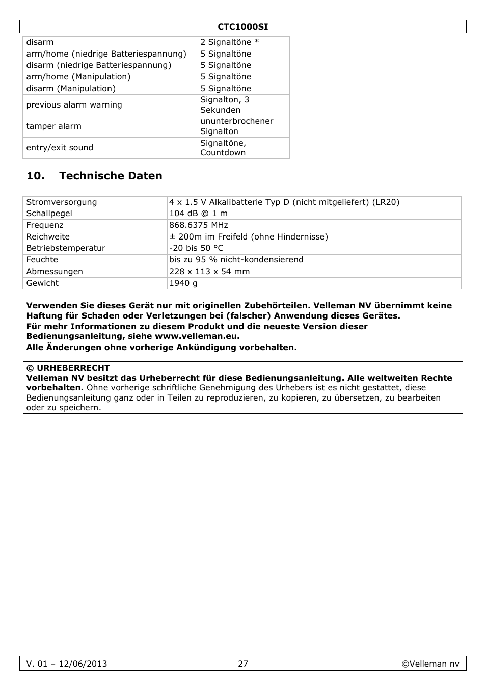 Technische daten | Velleman CTC1000SI User Manual | Page 27 / 37