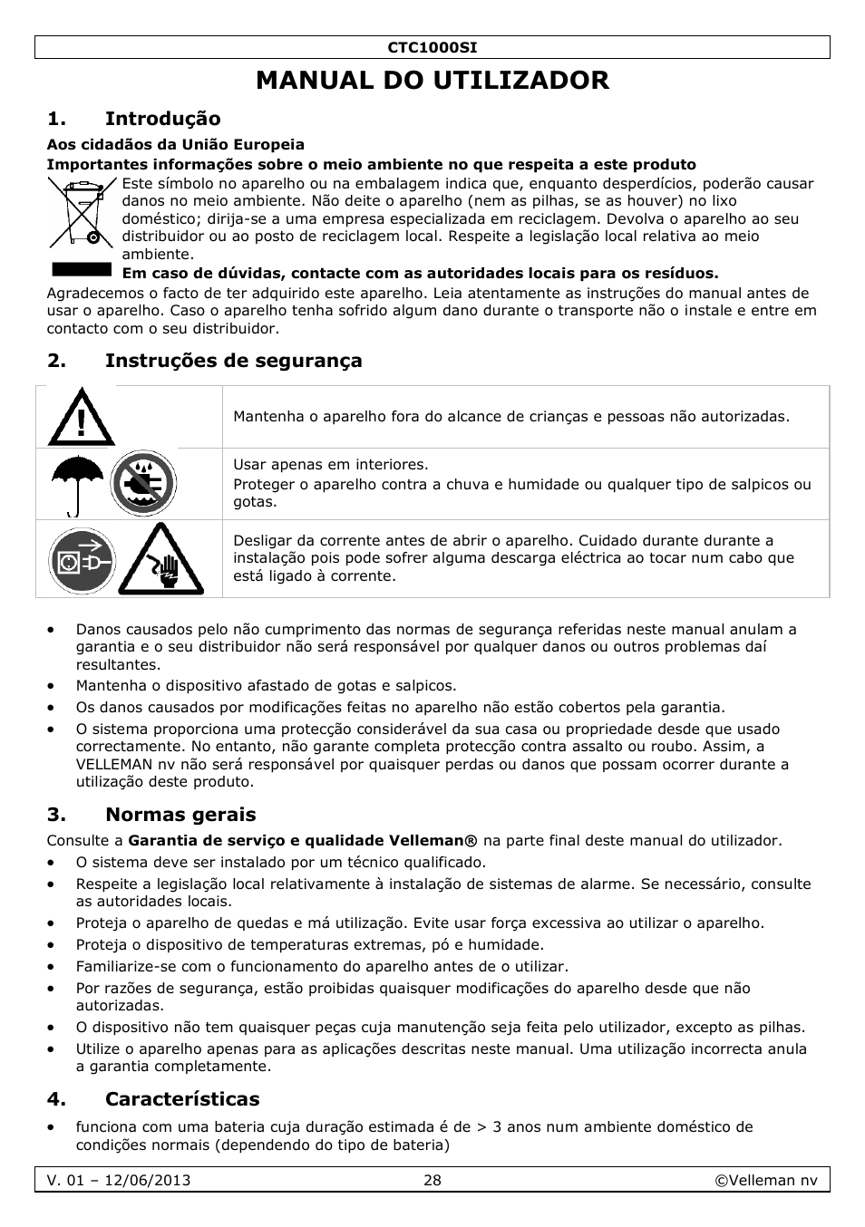 Manual do utilizador, Introdução, Instruções de segurança | Normas gerais, Características | Velleman CTC1000SI User Manual | Page 28 / 37