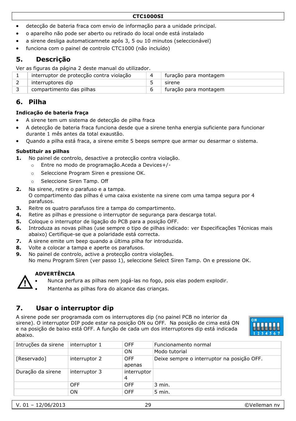 Descrição, Pilha, Indicação de bateria fraça | Substituir as pilhas, Usar o interruptor dip | Velleman CTC1000SI User Manual | Page 29 / 37