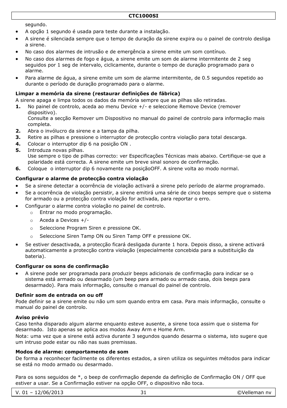 Configurar o alarme de protecção contra violação, Configurar os sons de confirmação, Definir som de entrada on ou off | Aviso prévio, Modos de alarme: comportamento de som | Velleman CTC1000SI User Manual | Page 31 / 37