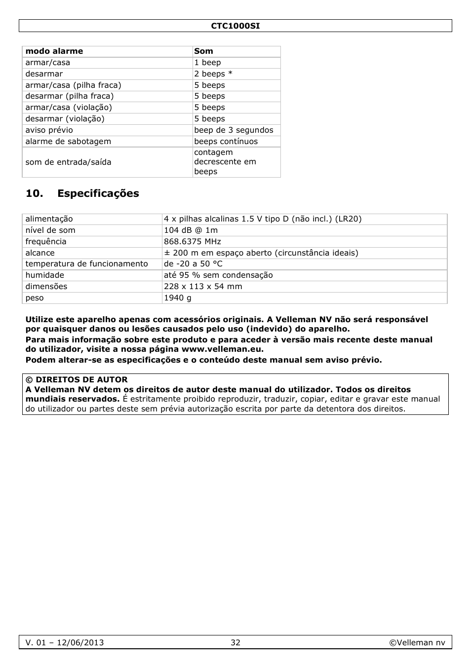 Especificações | Velleman CTC1000SI User Manual | Page 32 / 37