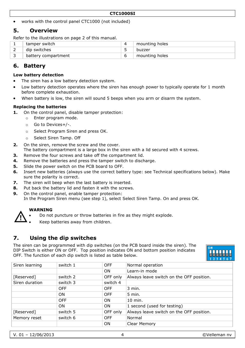 Overview, Battery, Low battery detection | Replacing the batteries, Using the dip switches | Velleman CTC1000SI User Manual | Page 4 / 37