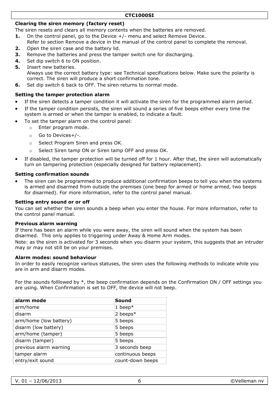 Clearing the siren memory (factory reset), Setting the tamper protection alarm, Setting confirmation sounds | Setting entry sound or or off, Previous alarm warning, Alarm modes: sound behaviour | Velleman CTC1000SI User Manual | Page 6 / 37