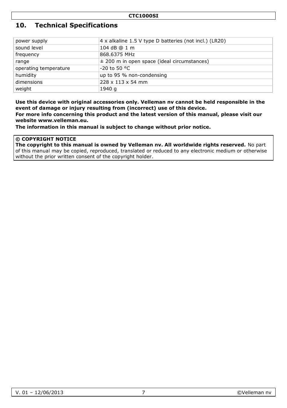 Technical specifications | Velleman CTC1000SI User Manual | Page 7 / 37