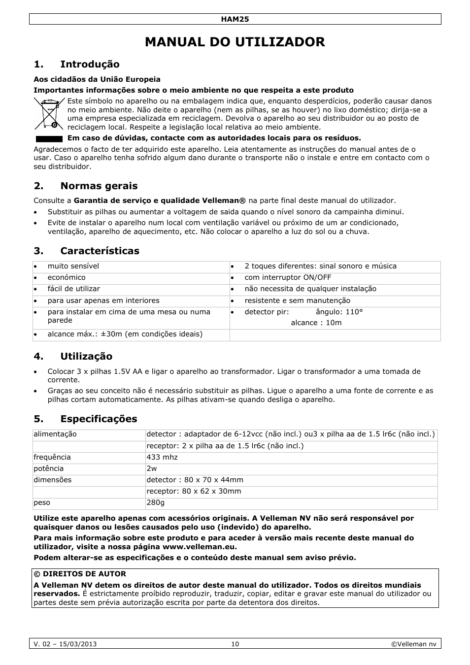 Manual do utilizador, Introdução, Normas gerais | Características, Utilização, Especificações | Velleman HAM25 User Manual | Page 10 / 14