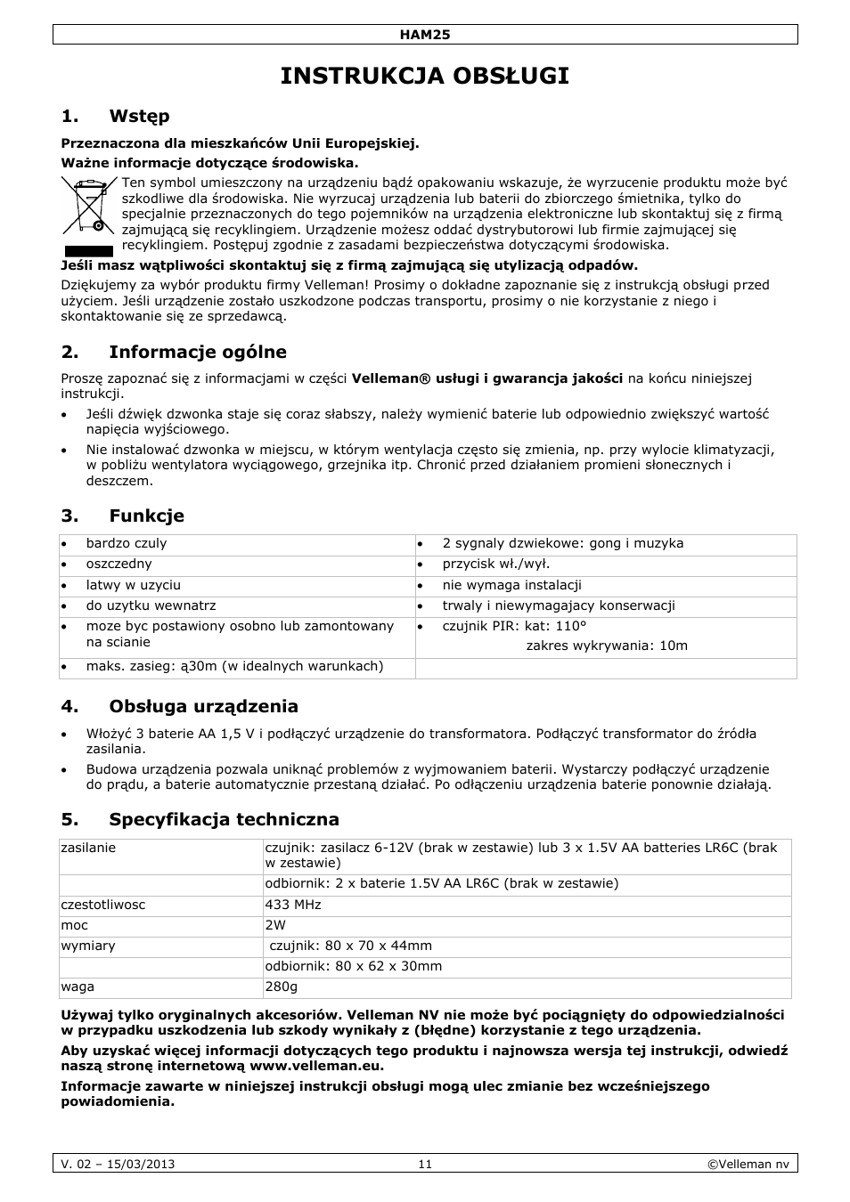 Instrukcja obsługi, Wstęp, Informacje ogólne | Funkcje, Obsługa urządzenia, Specyfikacja techniczna | Velleman HAM25 User Manual | Page 11 / 14