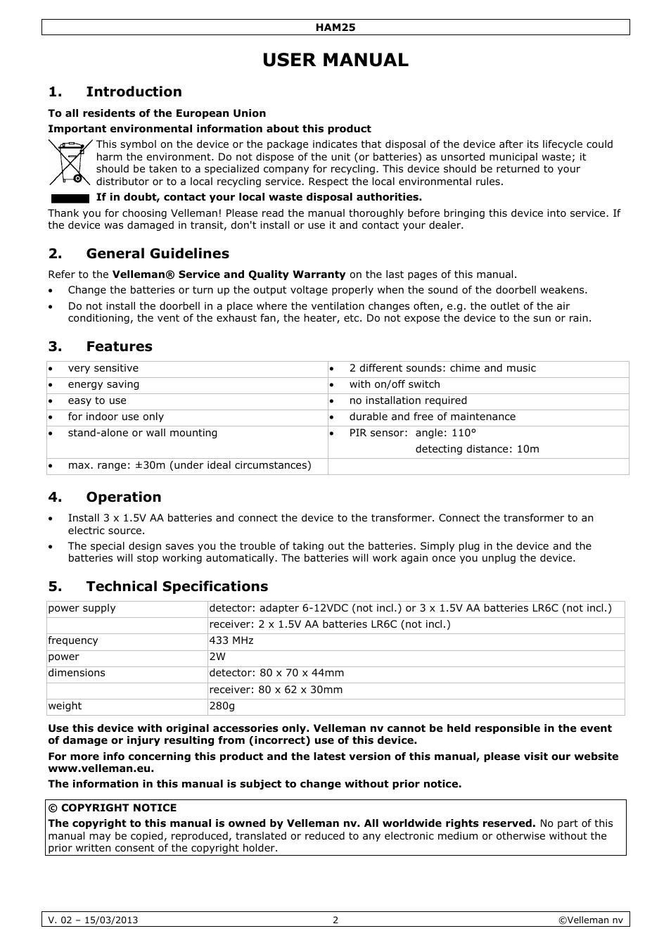 User manual, Introduction, General guidelines | Features, Operation, Technical specifications | Velleman HAM25 User Manual | Page 2 / 14