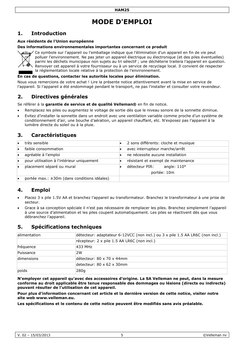 Mode d'emploi, Introduction, Directives générales | Caractéristiques, Emploi, Spécifications techniques | Velleman HAM25 User Manual | Page 5 / 14