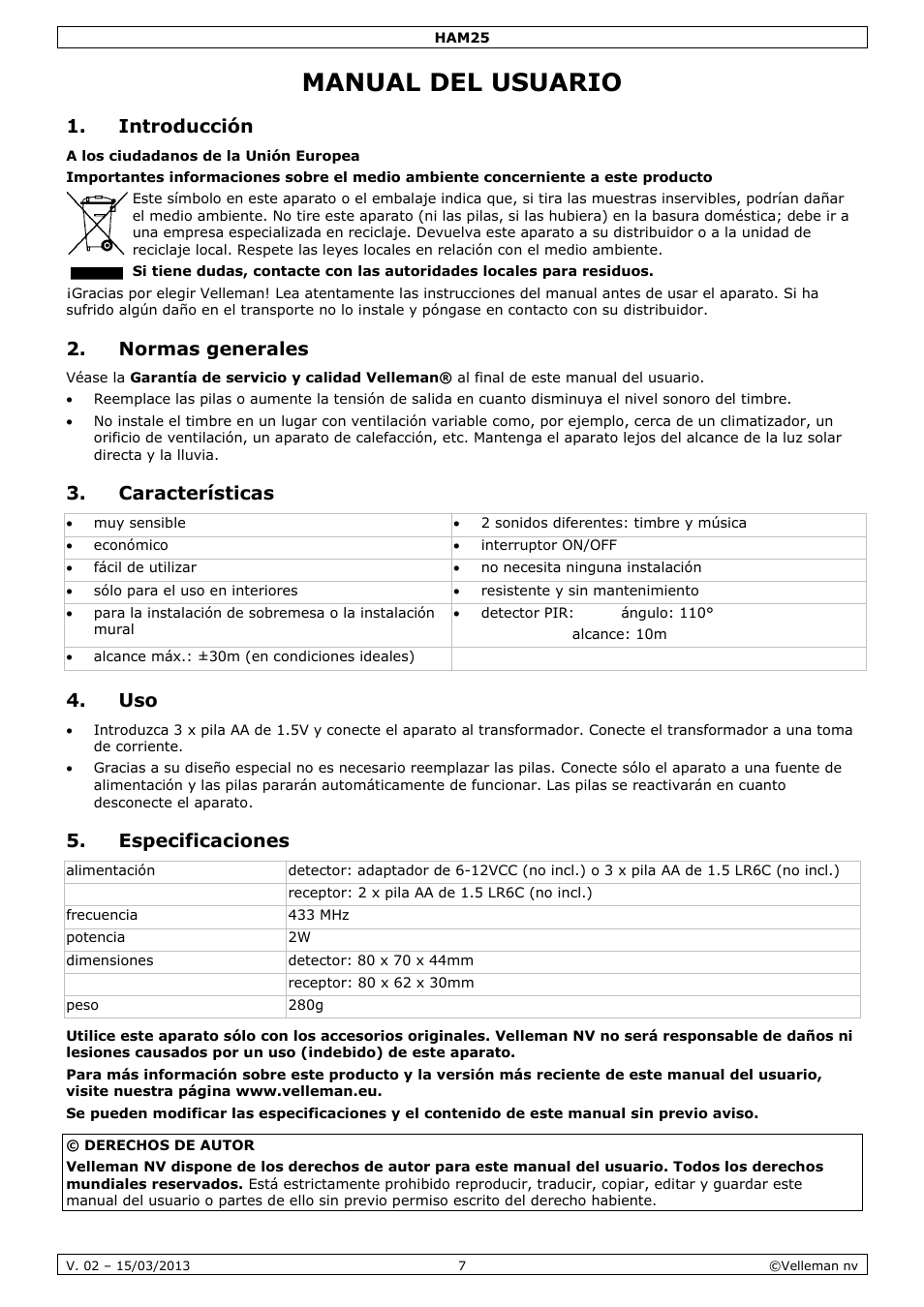 Manual del usuario, Introducción, Normas generales | Características, Especificaciones | Velleman HAM25 User Manual | Page 7 / 14