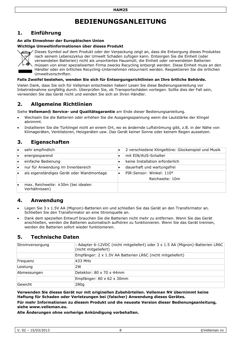 Bedienungsanleitung, Einführung, Allgemeine richtlinien | Eigenschaften, Anwendung, Technische daten | Velleman HAM25 User Manual | Page 8 / 14