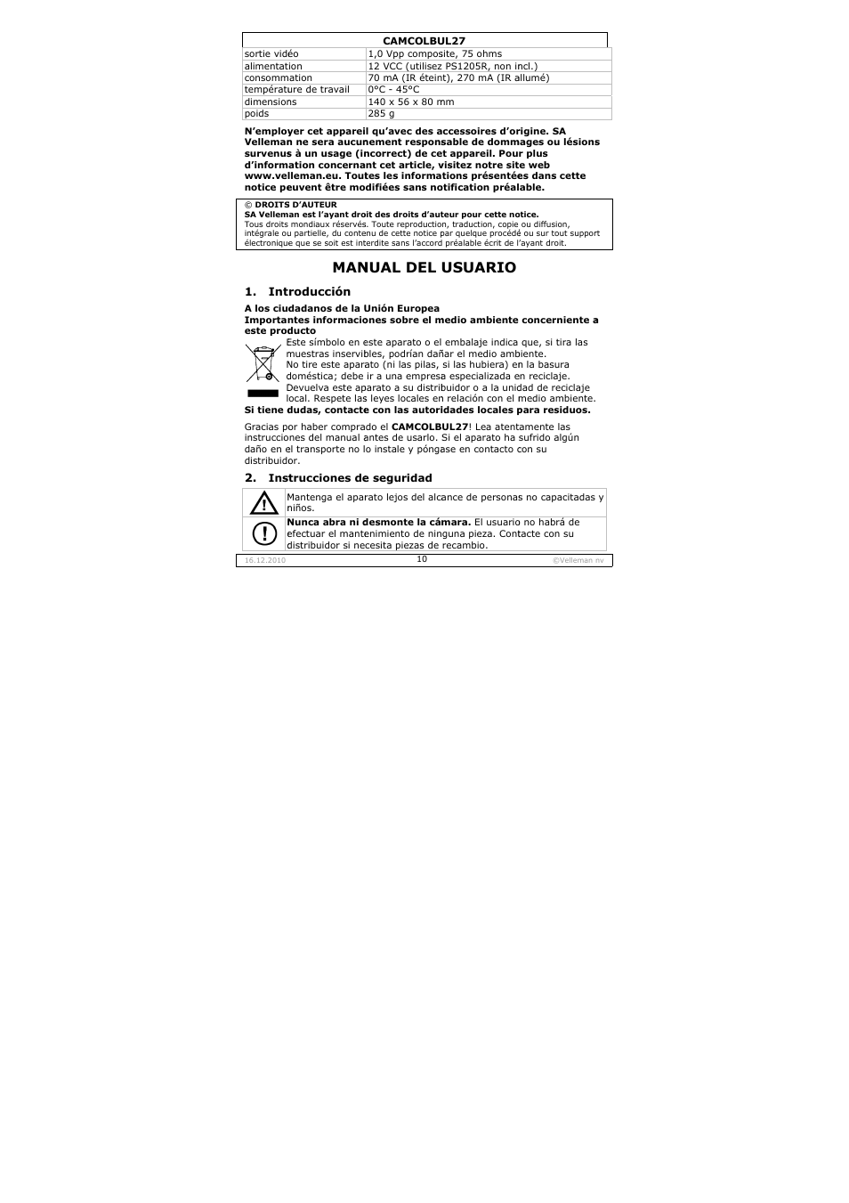 Nual del, Usuario | Velleman CAMCOLBUL27 User Manual | Page 10 / 18