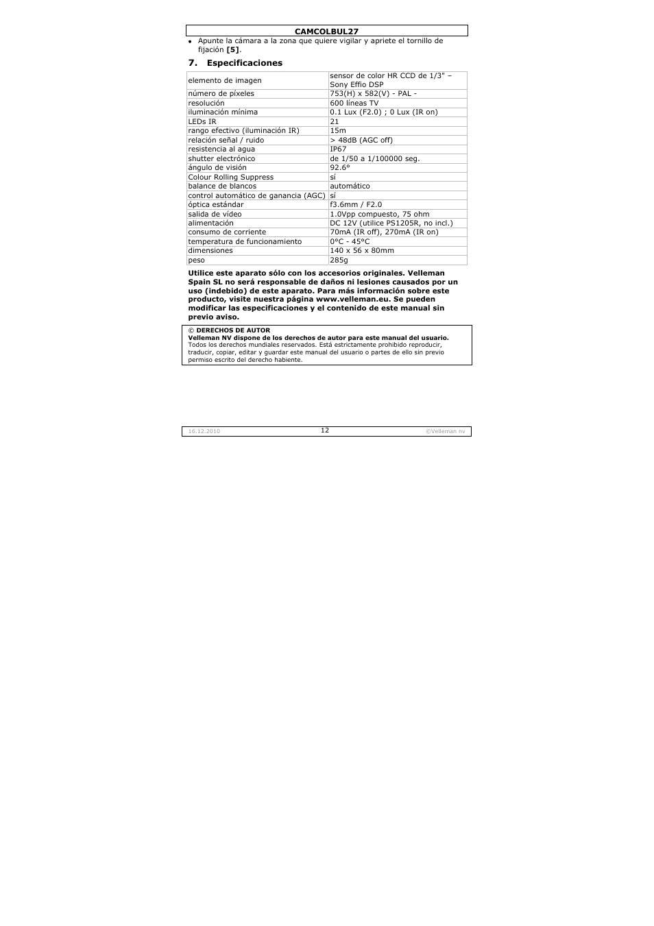Velleman CAMCOLBUL27 User Manual | Page 12 / 18