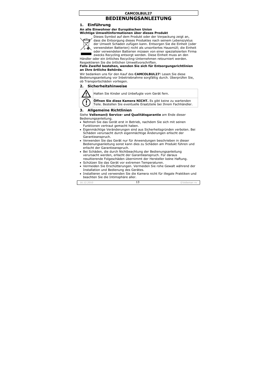 Bedie, Enungsa, Nleitung | Velleman CAMCOLBUL27 User Manual | Page 13 / 18