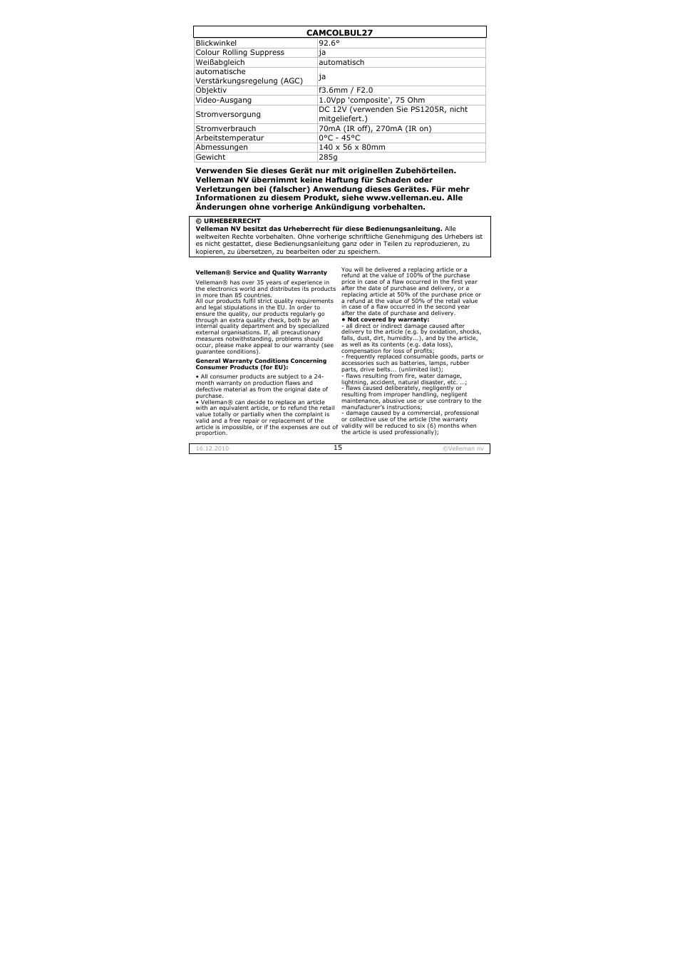 Velleman CAMCOLBUL27 User Manual | Page 15 / 18