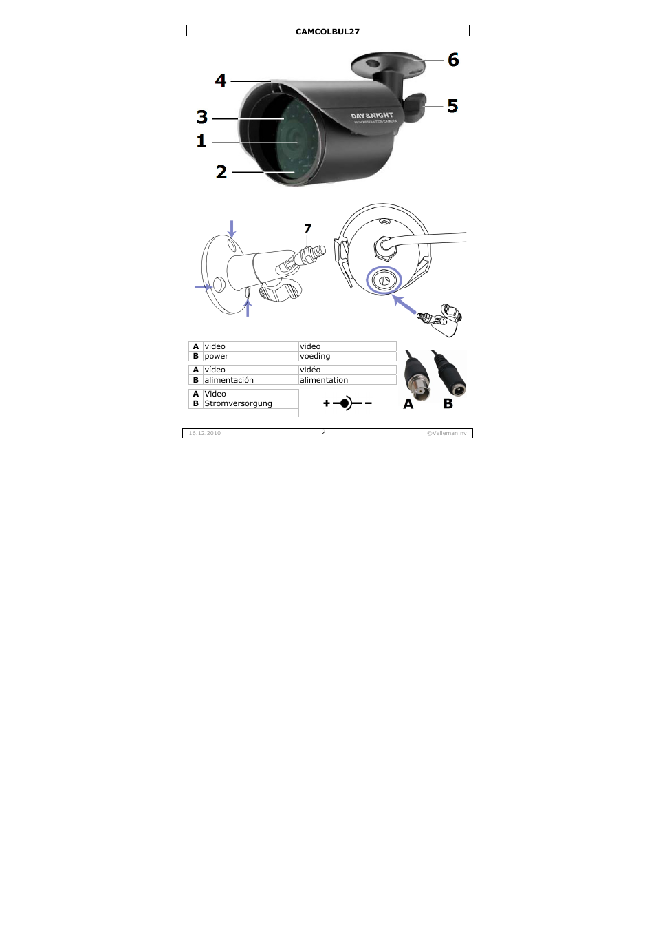 Camcolbul27, A video video b power voeding, A vídeo vidéo b alimentación alimentation | A video b stromversorgung | Velleman CAMCOLBUL27 User Manual | Page 2 / 18