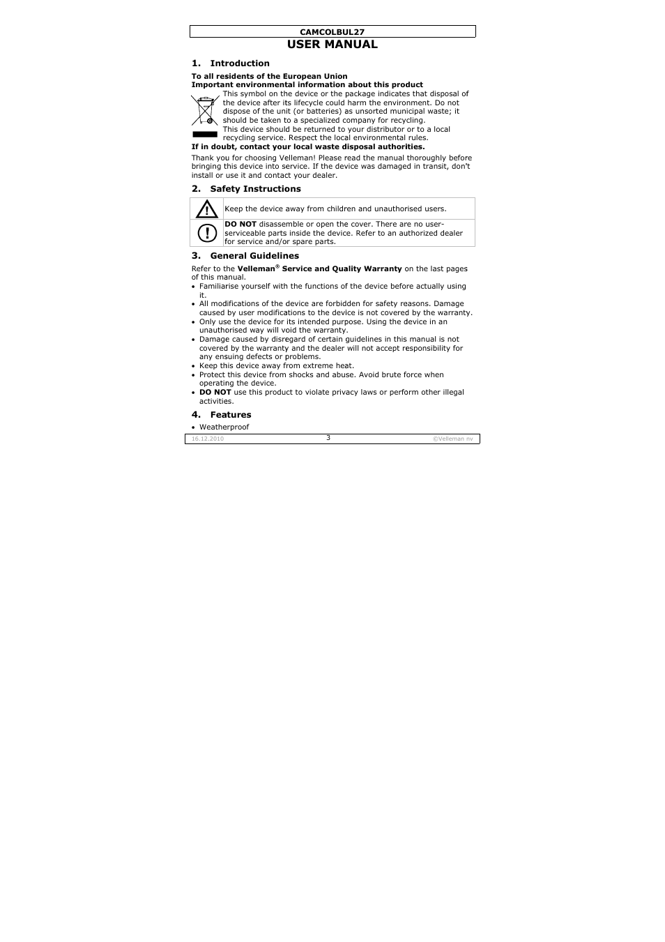 User man, Nual | Velleman CAMCOLBUL27 User Manual | Page 3 / 18