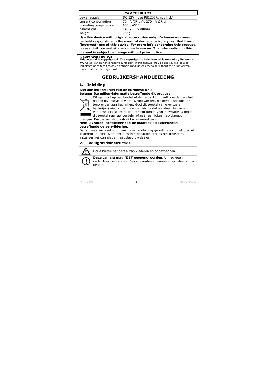 Gebru, Uikersha, Ndleidin | Velleman CAMCOLBUL27 User Manual | Page 5 / 18
