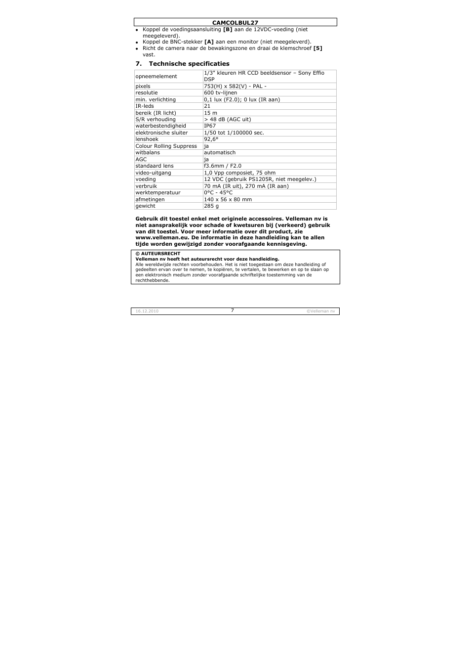 Velleman CAMCOLBUL27 User Manual | Page 7 / 18