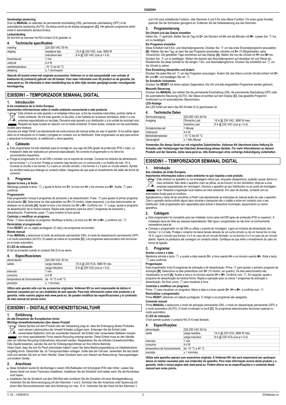 E305din1 – temporizador semanal digital, E305din1 – digitale wochenzeitschaltuhr | Velleman E305DIN1 User Manual | Page 2 / 4